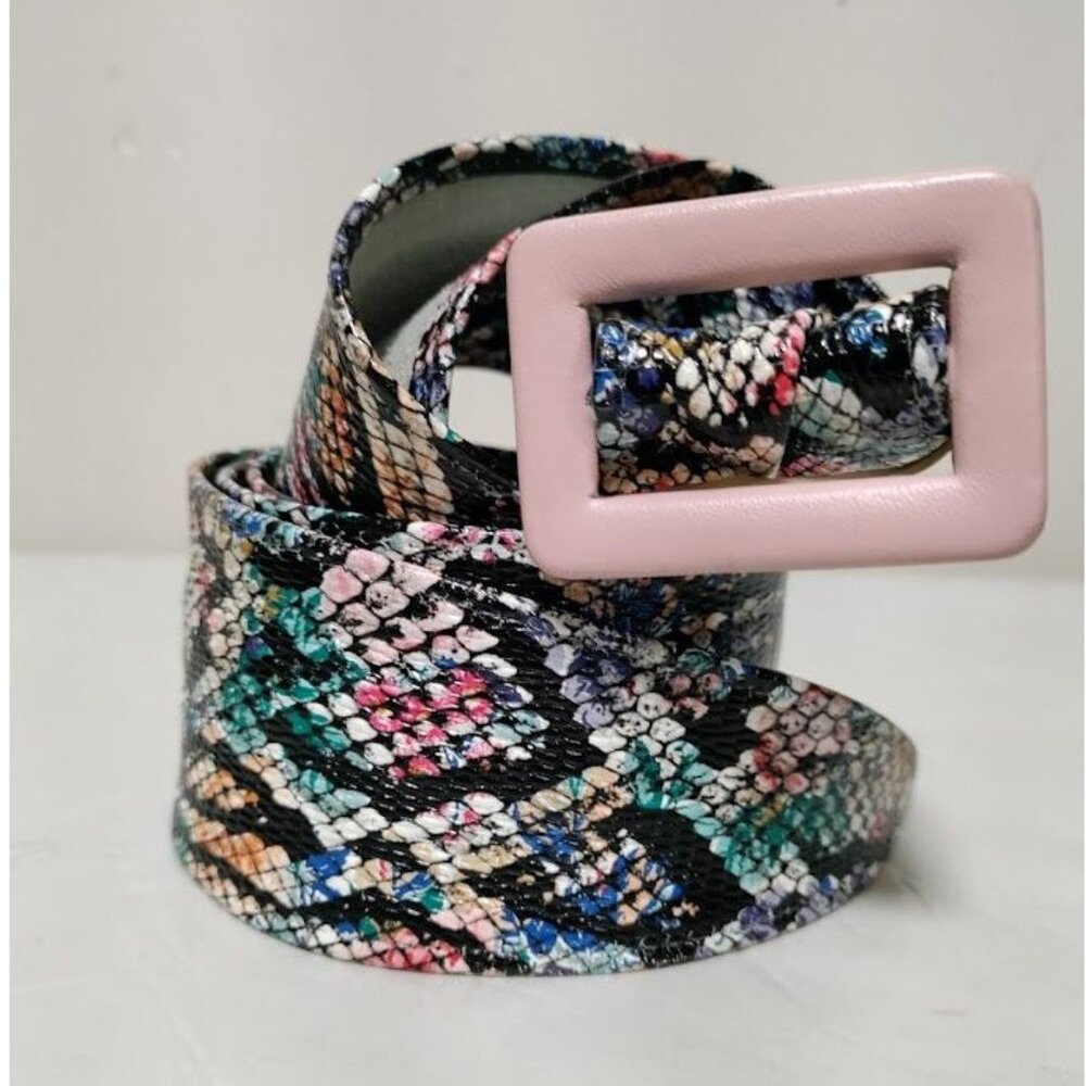 Womens Multicolor Embossed Snakeskin Leather Adjustable Square Buckle Waist Belt